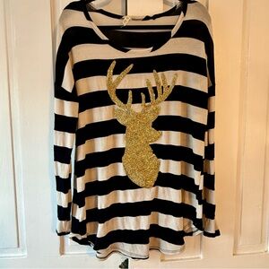 Bo-Bel Striped Black & White Top with Gold Sequin Deer Design